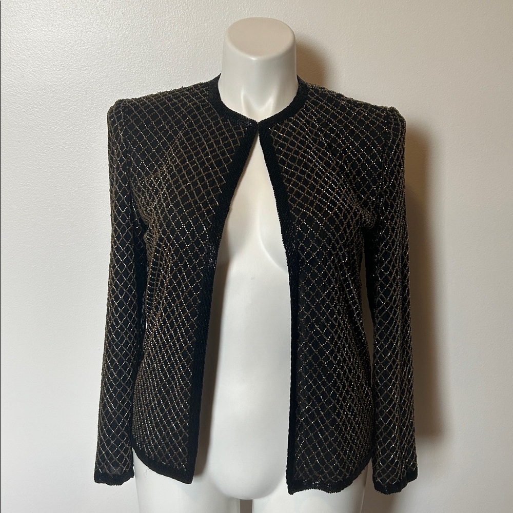 Papell Boutique Black Silk Beaded Evening Jacket Size PM Petite Medium
